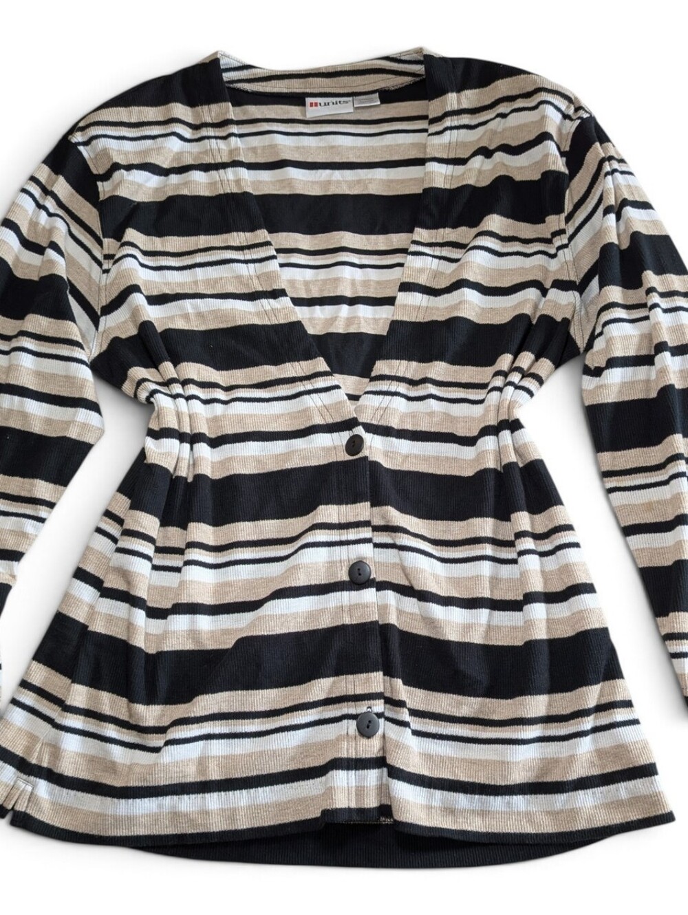 VTG 90s Units Striped Ribbed Knit Deep V Button Cardigan Sweater Top Tan Black L
